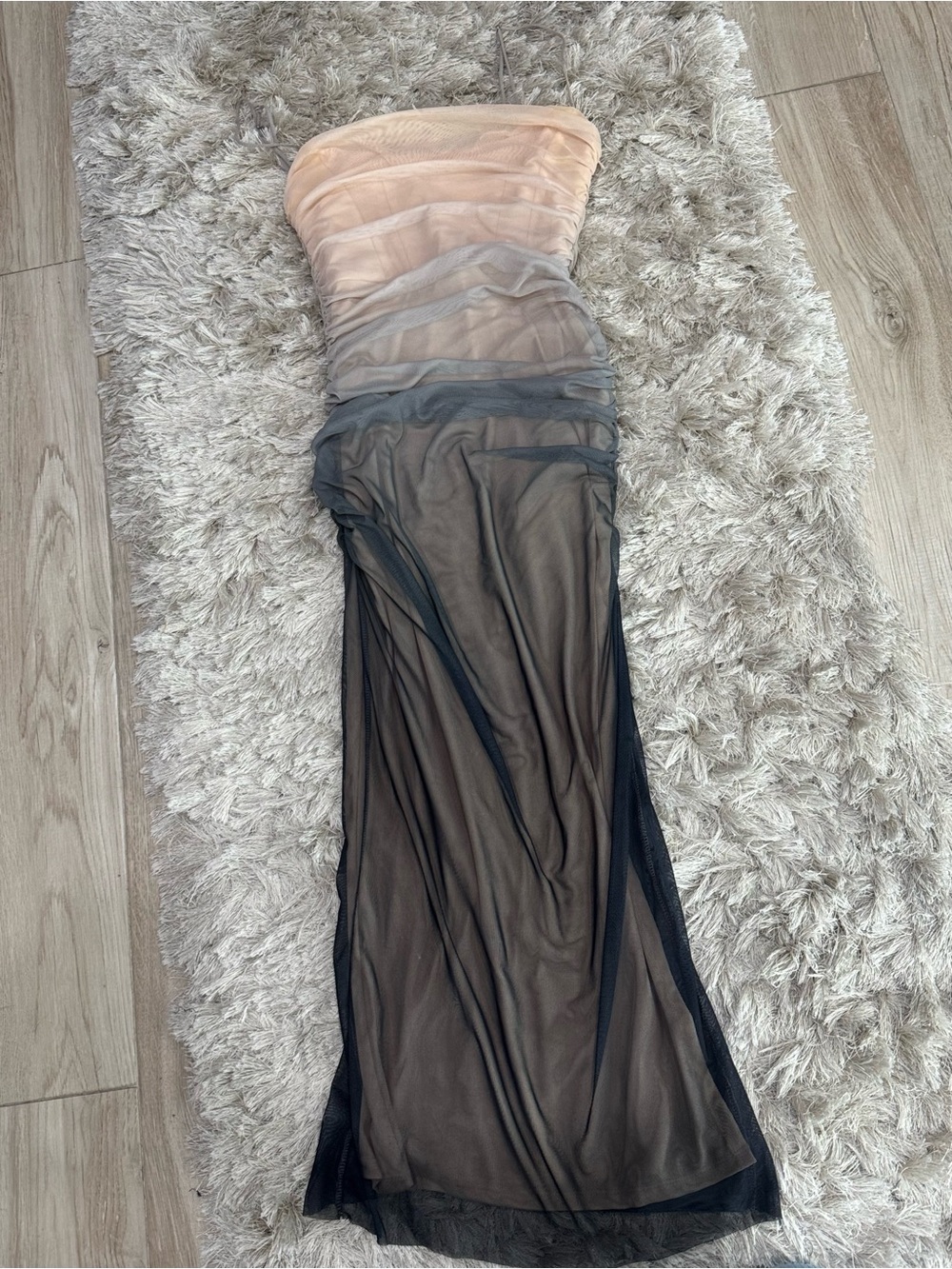 Zara Strapless Ombre Midi Dress in Peach, Gray and Black